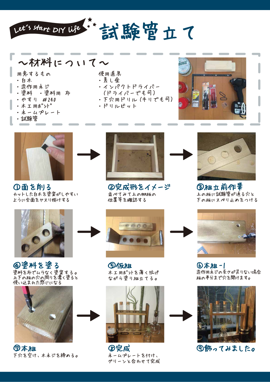 DIY試験管立て

材料について
用意するもの
・白木
・造作用ネジ
・塗料
・塗料用　布
・木工用ボンド
・ネームプレート
・試験管

使用道具
・差し金
・インパクトドライバー
　（ドライバーでも可）
・下穴用ドリル（キリでも可）
・ドリルビット

①面を削る
カットした白木を塗装がしやすい
ように全面をヤスリ掛けする
②完成形をイメージ
並べてみて上の棚板の位置等を
確認する
③組立前作業
上の板に試験管が通る穴と
下の板にスベリ止めをつける
④塗料を塗る
塗料を布でムラなく塗装する。
上下の板の穴の周りを濃く塗ると
使い込まれた感じになる
⑤仮組
木工用ボンドを薄く広げながら
塗り組立てる。
⑥本組１
造作用ネジの長さが足りない場合
板の半分まで穴を開けます。
⑦本組
下穴を空け、木ネジを締める。
⑧完成
ネームプレートを付け、
グリーンと合わせて完成
⑨飾ってみました。


