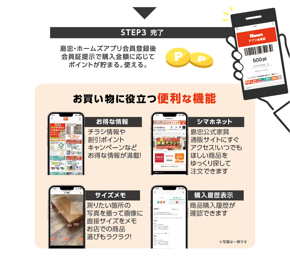 STEP3：完了　島忠・ホームズアプリ会員登録後　会員証提示で購入金額に応じてポイントが貯まる。使える。　お買い物に役立つ便利な機能