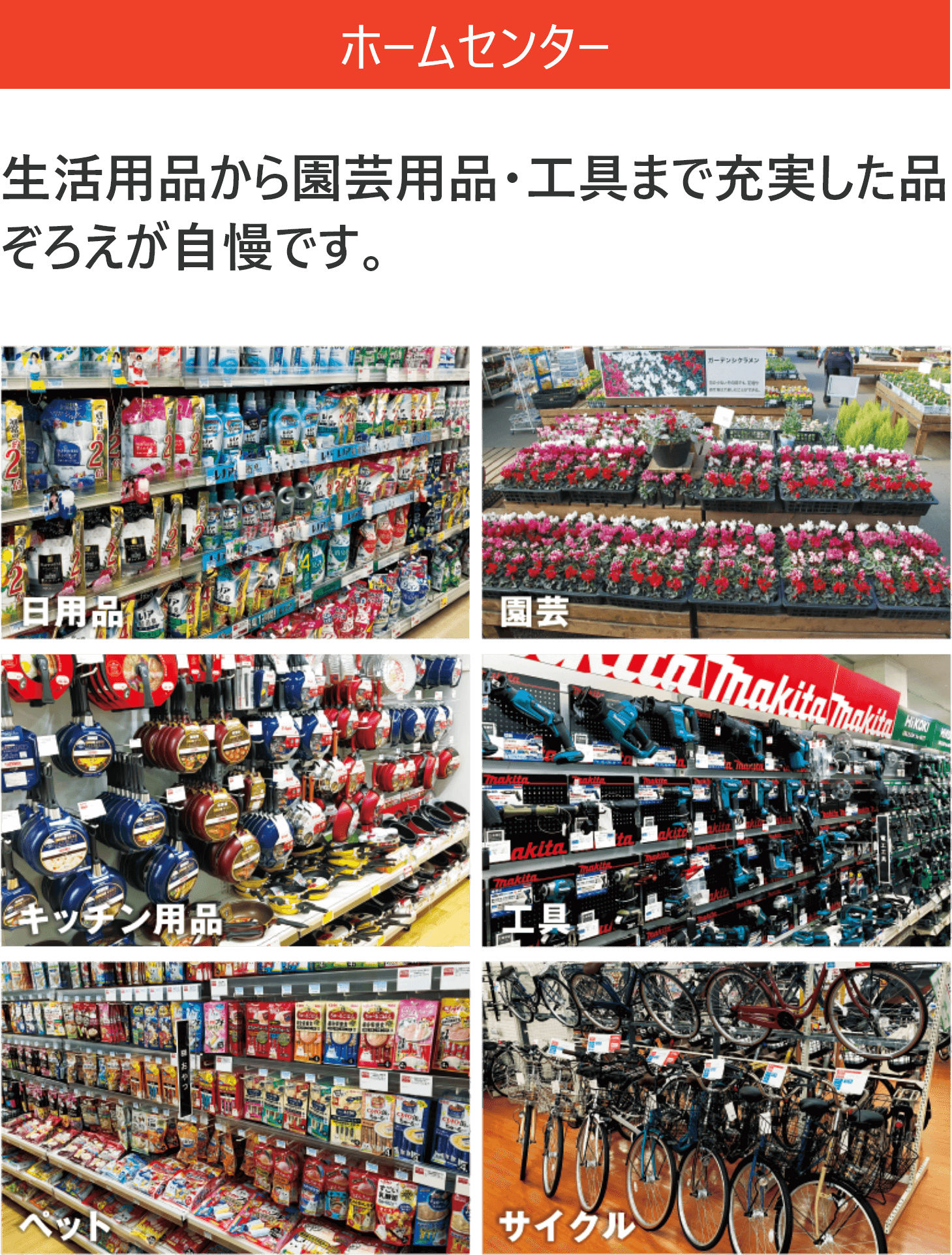 ホームセンター　生活用品から園芸用品・工具まで充実した品ぞろえが自慢です。