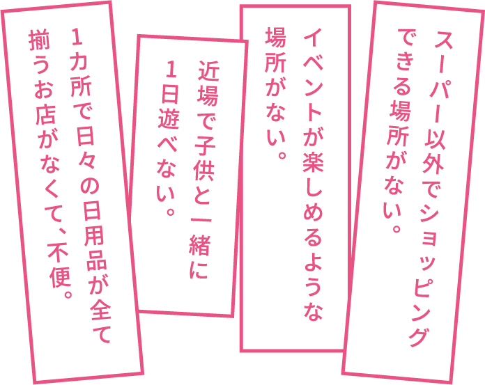 スーパー以外でショッピングできる場所がない。 イベントが楽しめるような場所がない。 近場で子供と一緒に1日遊べない。 1カ所で日々の日用品が全て揃うお店がなくて、不便。